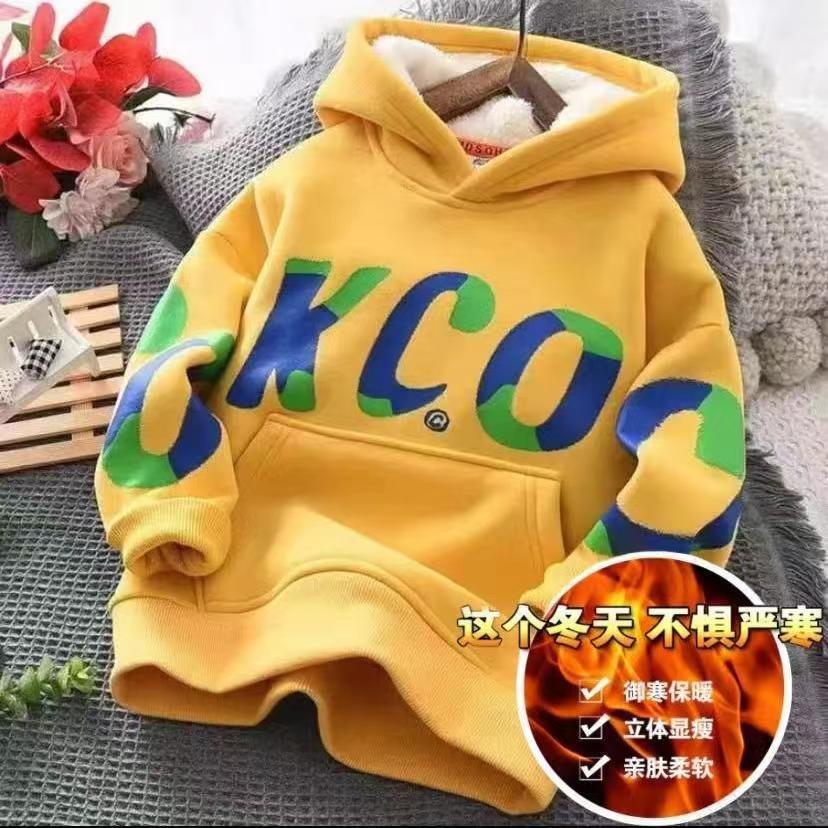 男童加绒卫衣连帽冬季新款2023中大一体超厚儿童打底帅气加绒卫衣