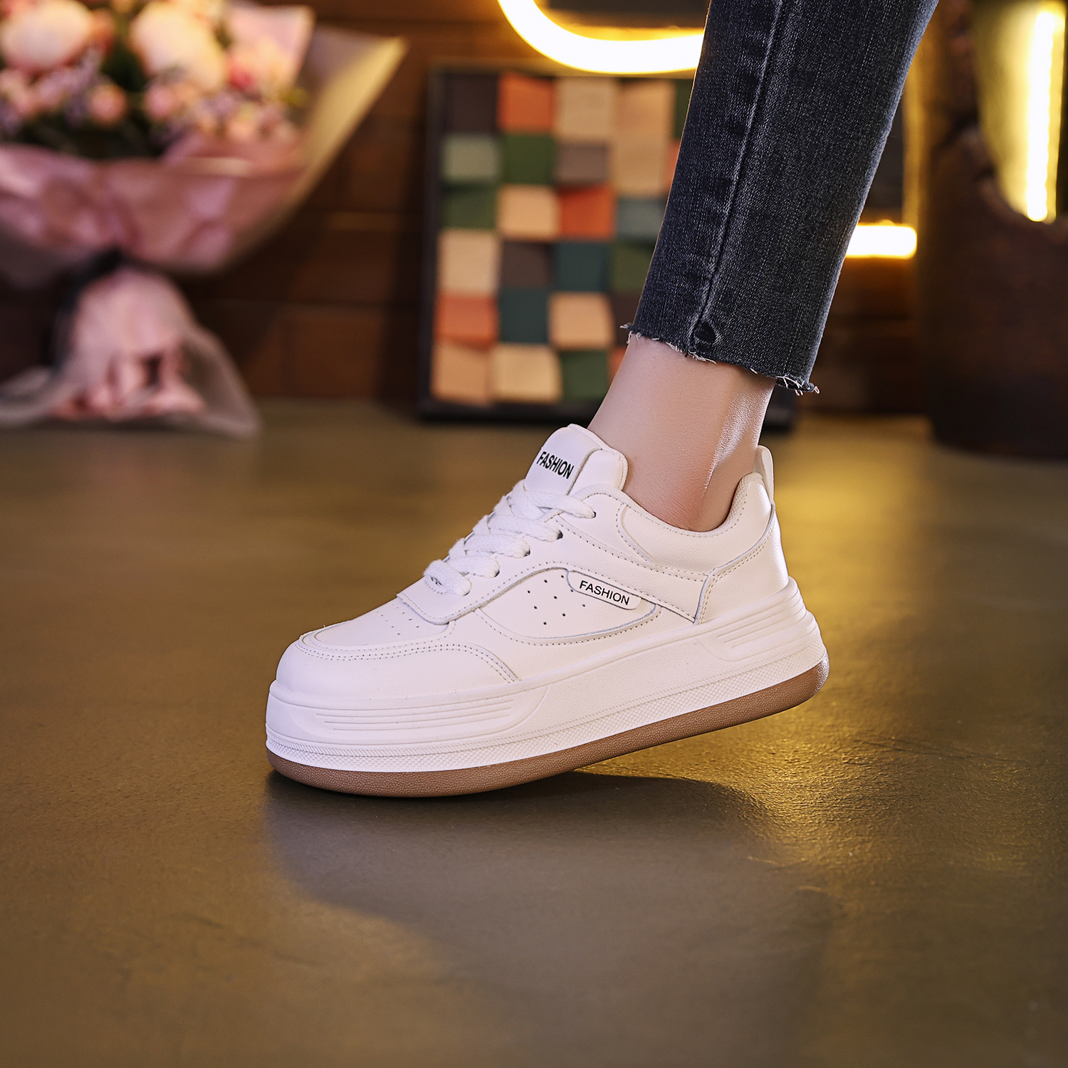2024年新款春秋小白鞋女鞋百搭厚底透气白色真皮春季韩版-G