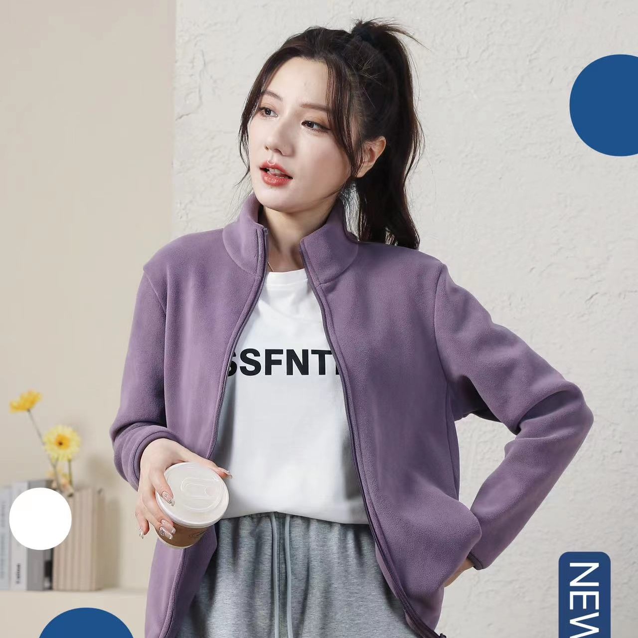2023秋冬季新款时尚休闲显瘦百搭保暖立领长袖摇粒绒外套女-8001