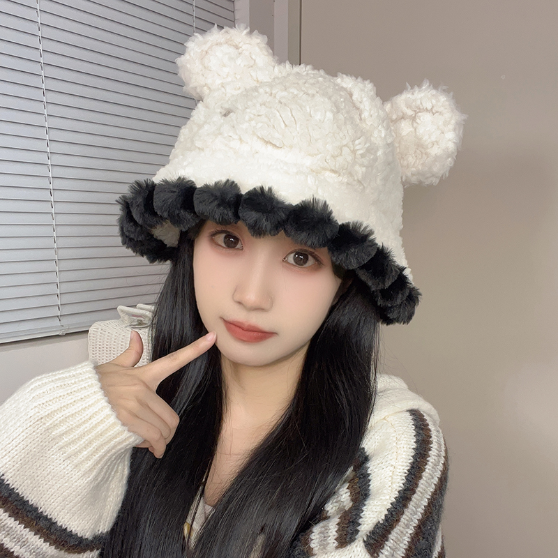 2023新款羊羔毛绒帽子女可爱小熊耳朵白色渔夫帽秋冬加厚保暖盆帽