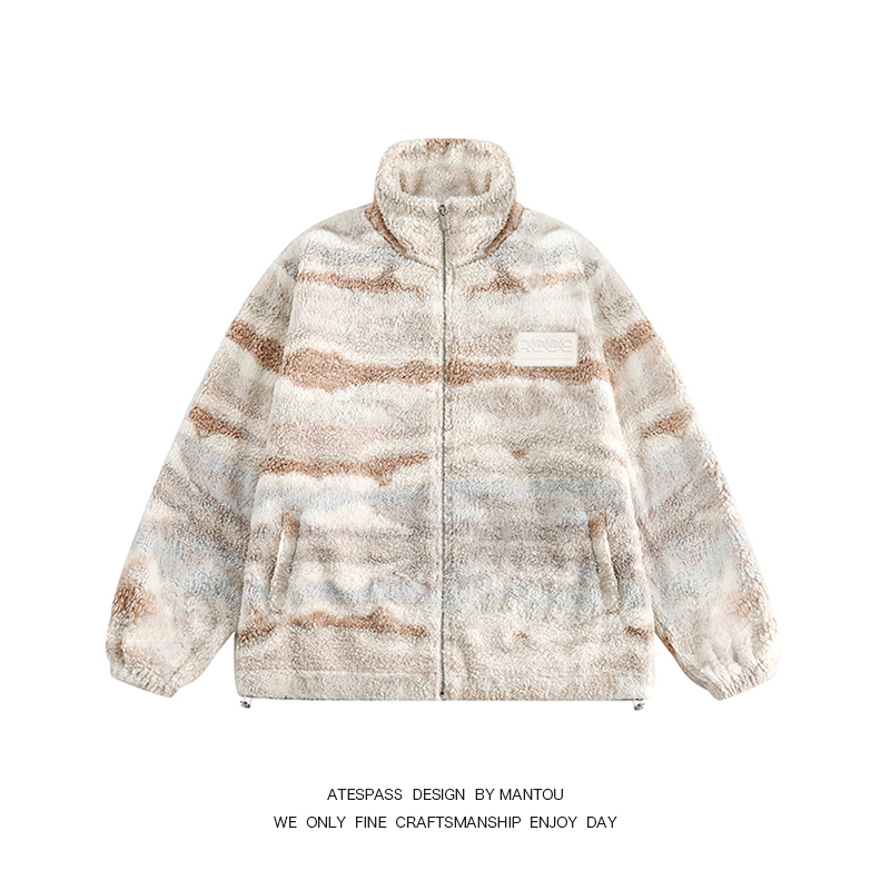 暖色波纹羊羔毛绒外套男女冬季加厚情侣宽松oversize保暖棉服夹克