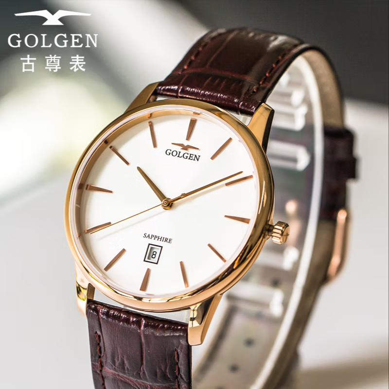 GOLGEN/古尊皮带玫金白石英男GN.9147M.RS腕表