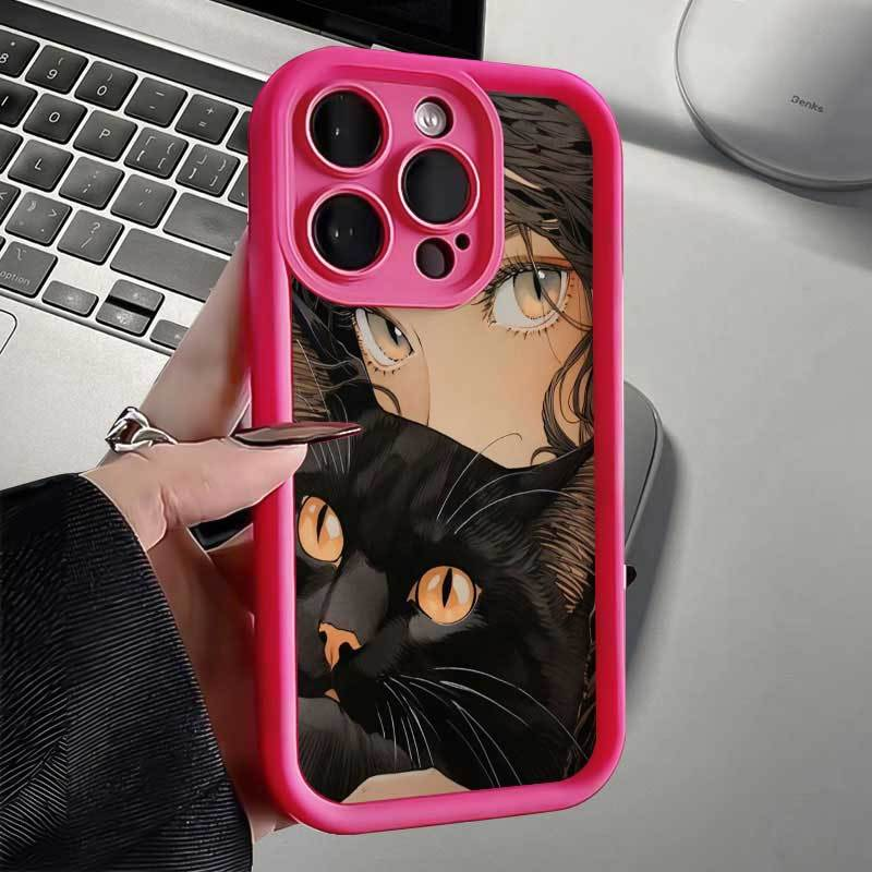抱猫少女绿苹果14plus手机壳iPhone15promax新款13卡通12防摔11软