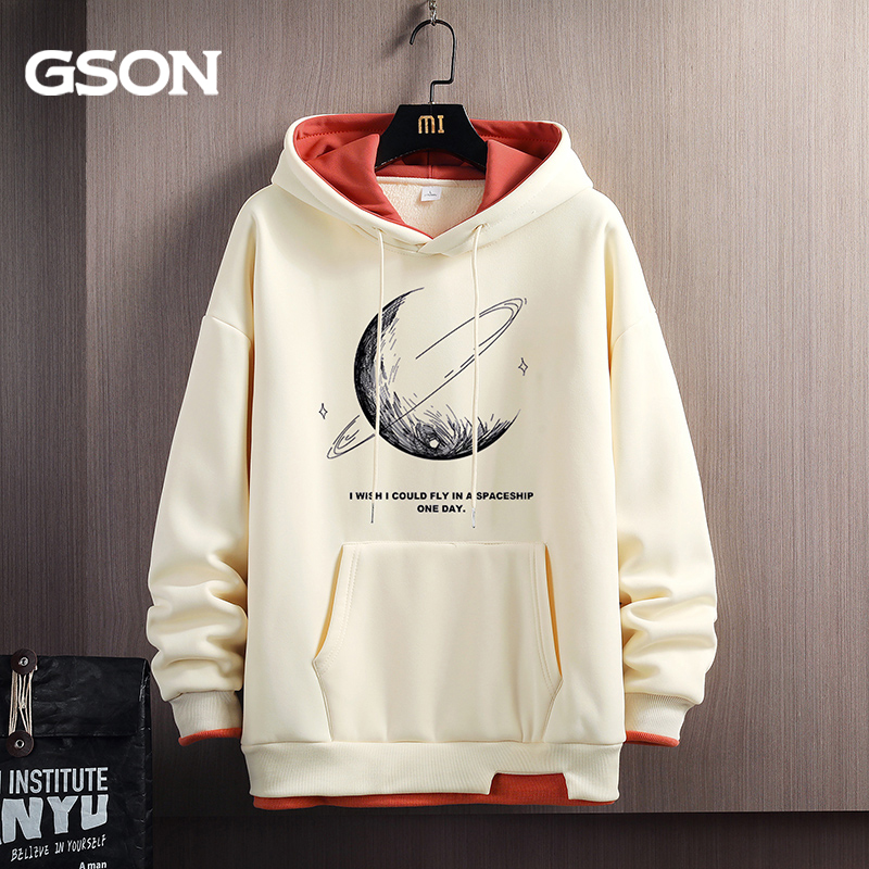 GSON连帽袋卫衣男女秋冬季情侣加绒套头印花加厚外套ins学生休闲