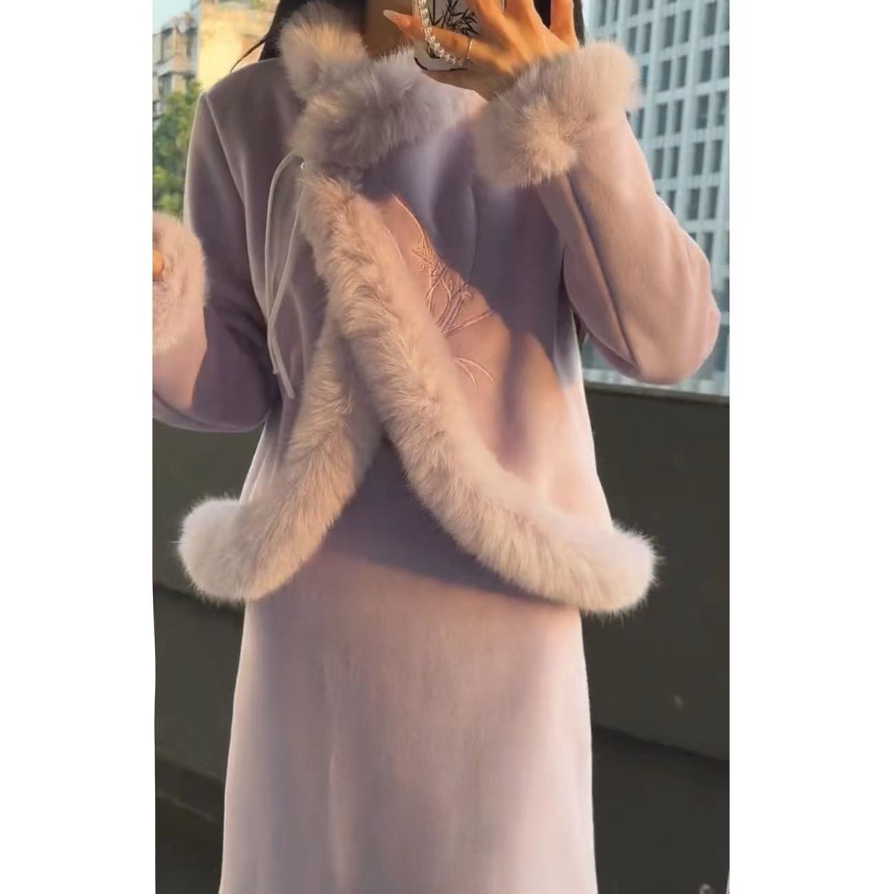 【半生韶华】时尚名媛保暖加棉加厚外套+高腰半身裙时尚两件套套装