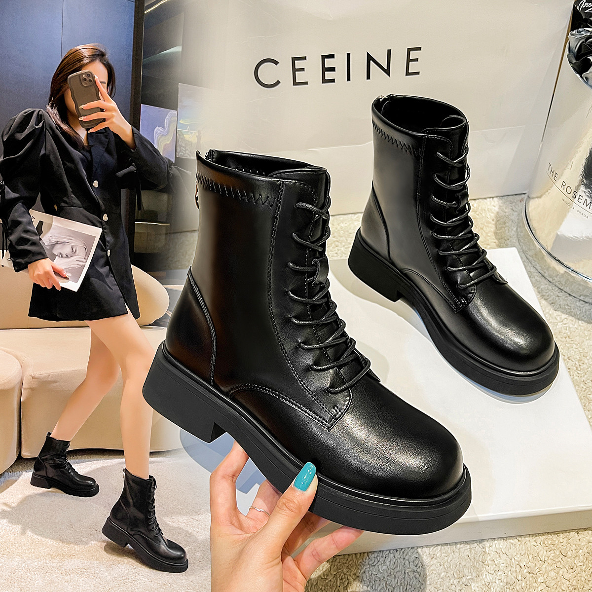 时尚百搭洋气马丁靴舒适柔软短靴日常休闲通勤女靴短筒系带瘦瘦靴