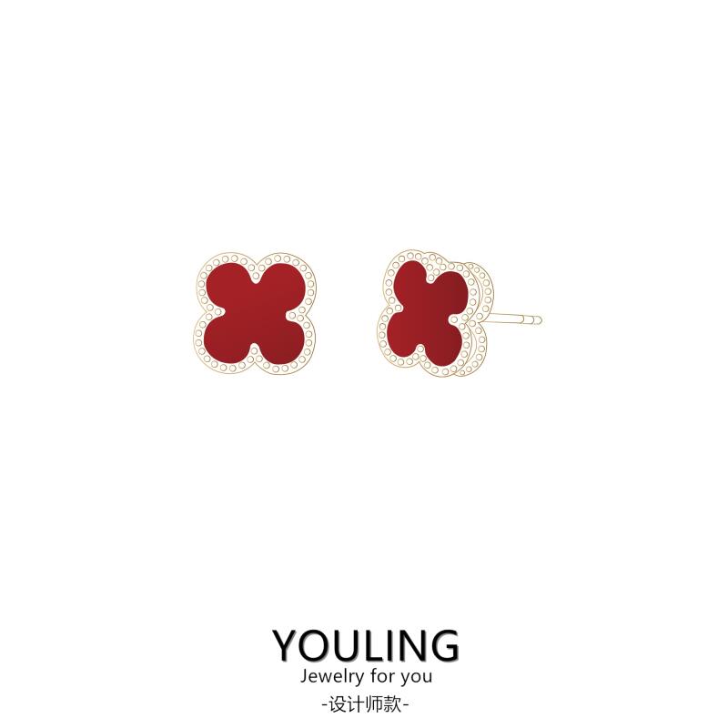 YOULING/柚琳 红黑金三色四叶耳钉