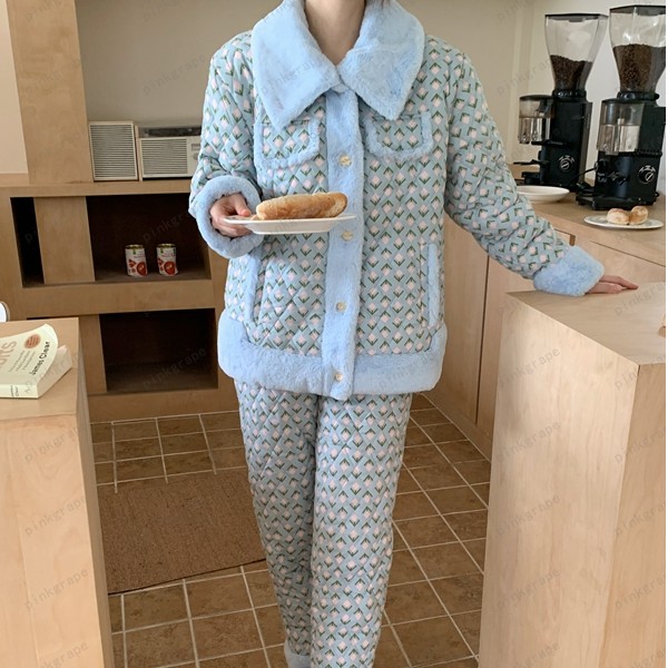 pinkgrape【青衣菱花】睡衣女士新款冬季三层夹棉加厚家居服2378116