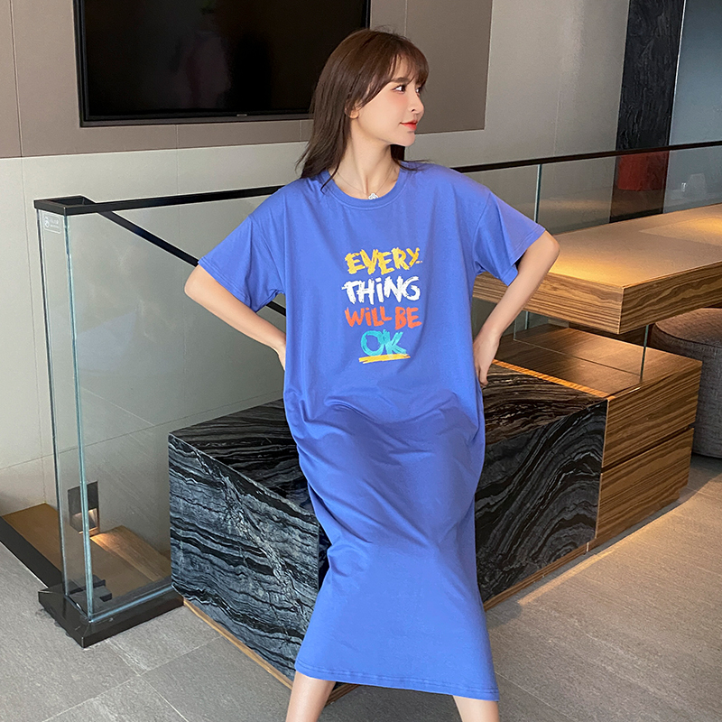 蓝色显白纯棉睡裙女款夏季胖mm大码孕妇外穿连衣裙睡衣家居服夏款