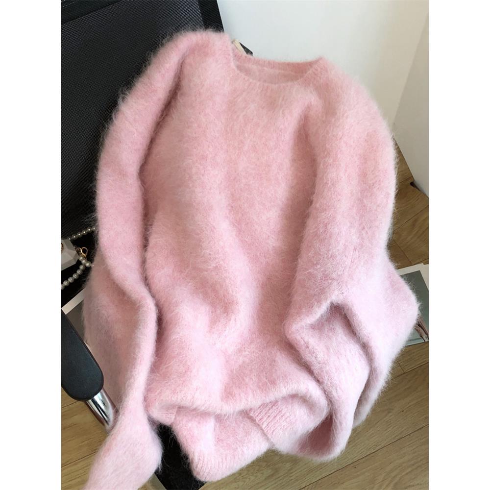 温柔风软糯粉色圆领毛衣女秋冬季加厚慵懒风奶fufu针织衫内搭上衣