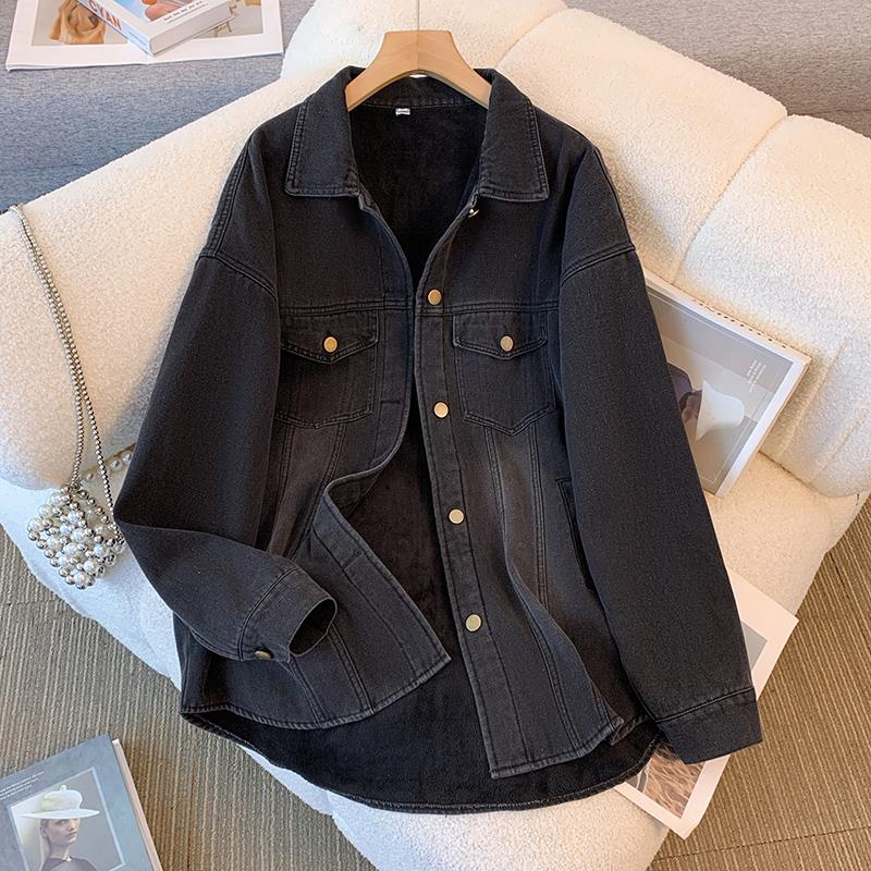 加绒牛仔衬衫外套女秋冬加厚2024新款宽松复古中长款百搭夹克上衣