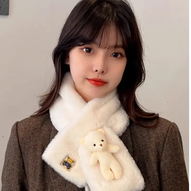 【佳音优选】2023新款百搭围巾毛绒白色可爱时尚小熊围巾保暖