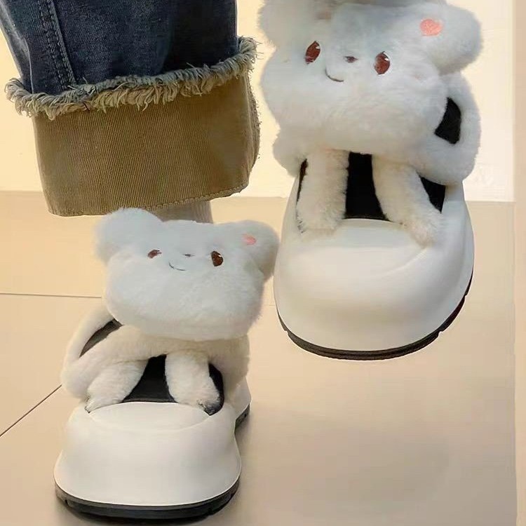 【现货现发】可爱卡通魔术贴棉鞋女款冬季厚底增高小白鞋加绒面包鞋