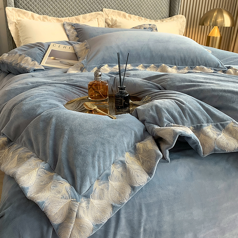 水星家纺秋冬双面绒加厚牛奶绒四件套欧式羽毛刺绣被套保暖床单笠