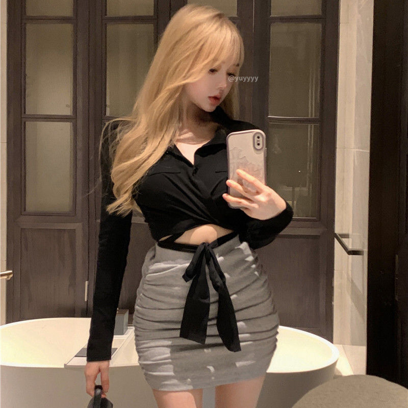 纯欲辣妹长袖翻领衬衫女秋季修身短款绑带衬衣设计感小众黑色上衣