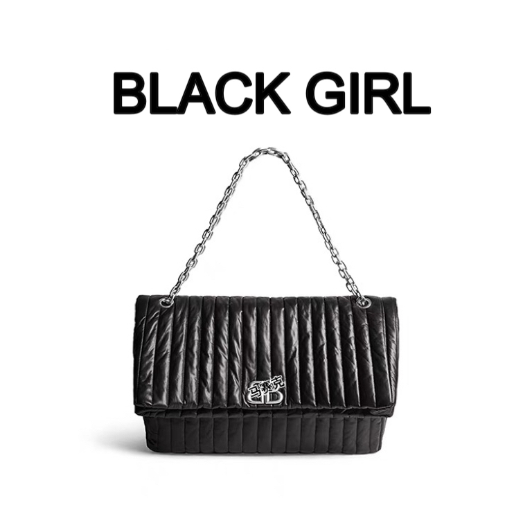 Blackgirl新款【反转巴黎】高级女神款经典黑色女士大号绗缝链条包