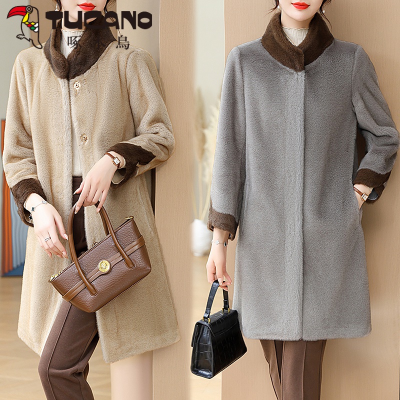 妈妈秋冬装洋气外套水欧绒50-60岁中老年女装加厚呢子中长款上衣