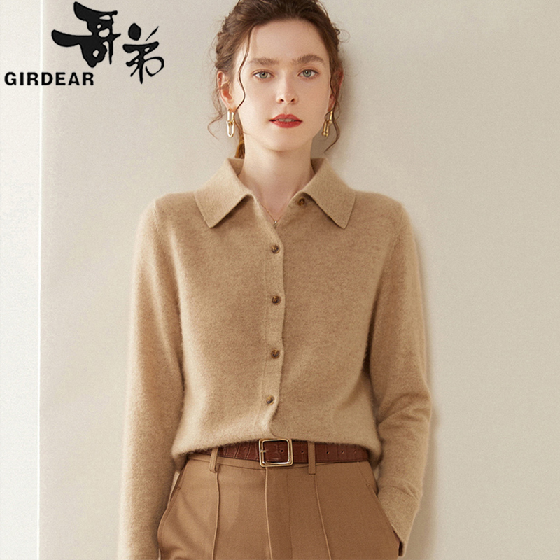 哥弟100%羊绒衫女开衫衬衣领秋冬季POLO领长袖毛衣内搭打底针织衫