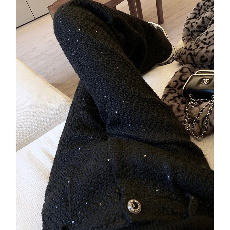 小香风重工黑色阔腿裤子女秋冬新款高腰亮片休闲百搭裤子28706#