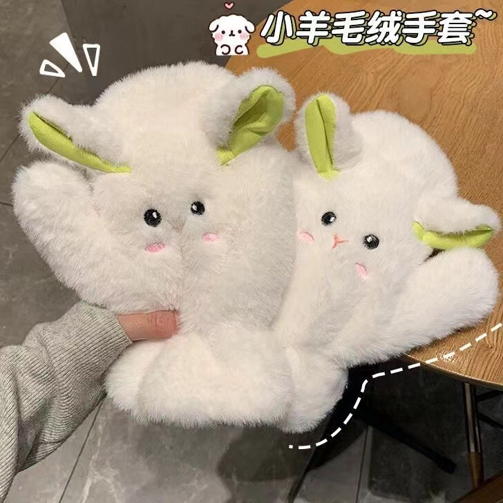 韩版手套女冬季网红可爱玉桂狗保暖防寒ins学生毛绒翻盖全指手套