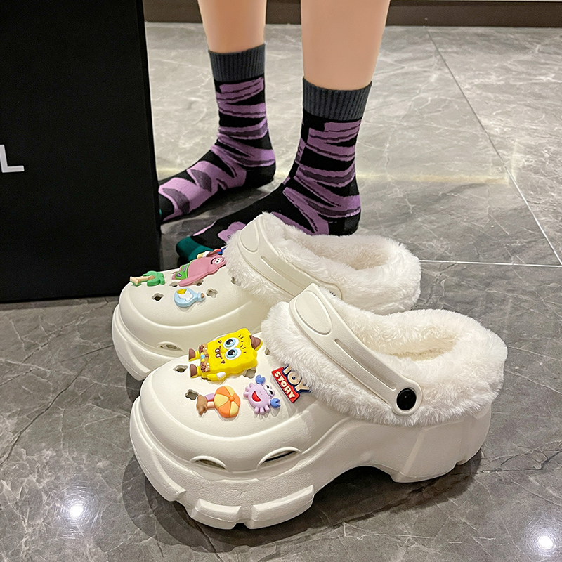厚底增高包头拖鞋女外穿洞洞鞋加绒防滑2023年秋冬新款保暖棉拖鞋