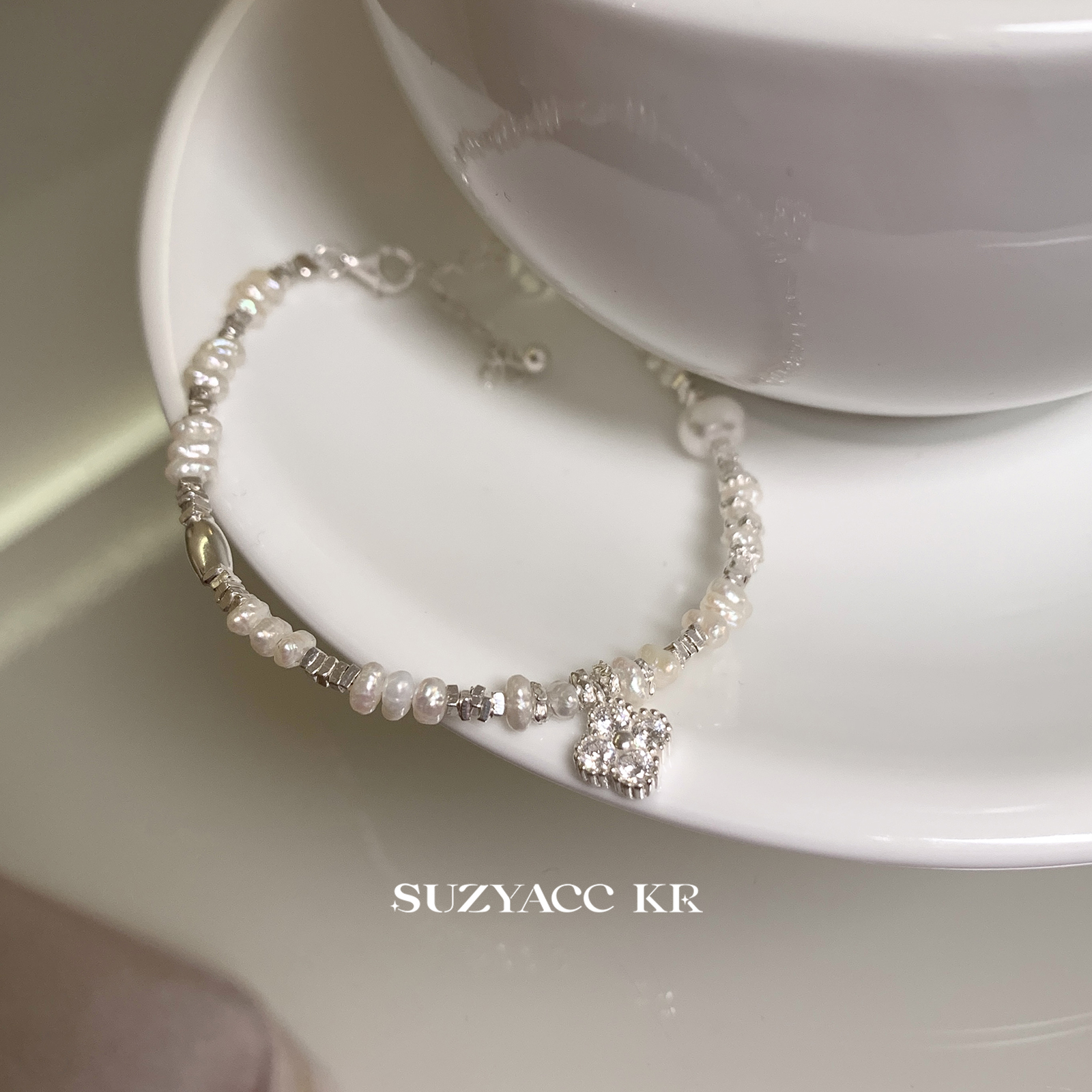 Suzyacc Kr 925银手链 轻奢幸运草纯银碎银珠珠手链百搭小众C2133