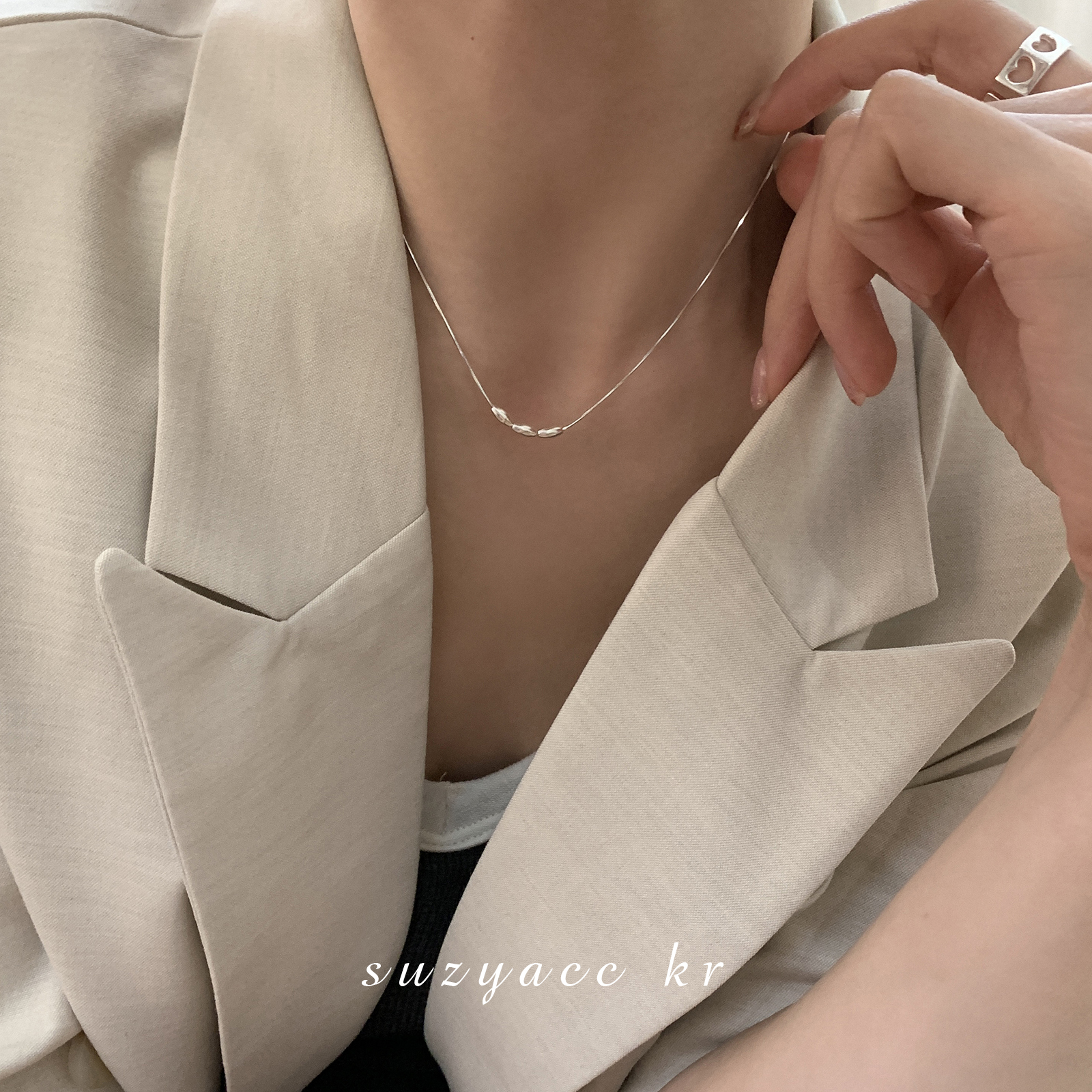 Suzyacc Kr 坠链均925银 简约纯银米粒蛇骨链小众百搭项链X0727