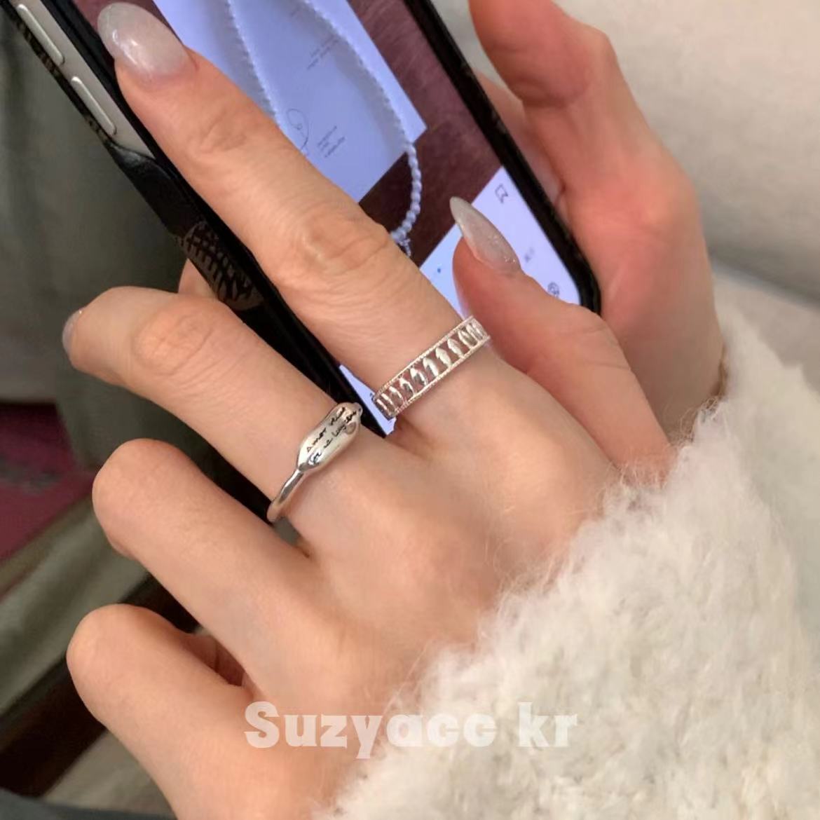 Suzyacc Kr 925银戒指 简约百搭字母戒指开口可调节DJ0044