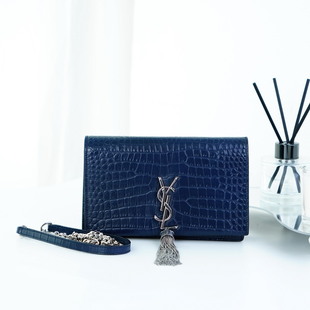 95新 YSL/圣罗兰 ysl深蓝色鳄鱼压纹流苏kate/TH33070564