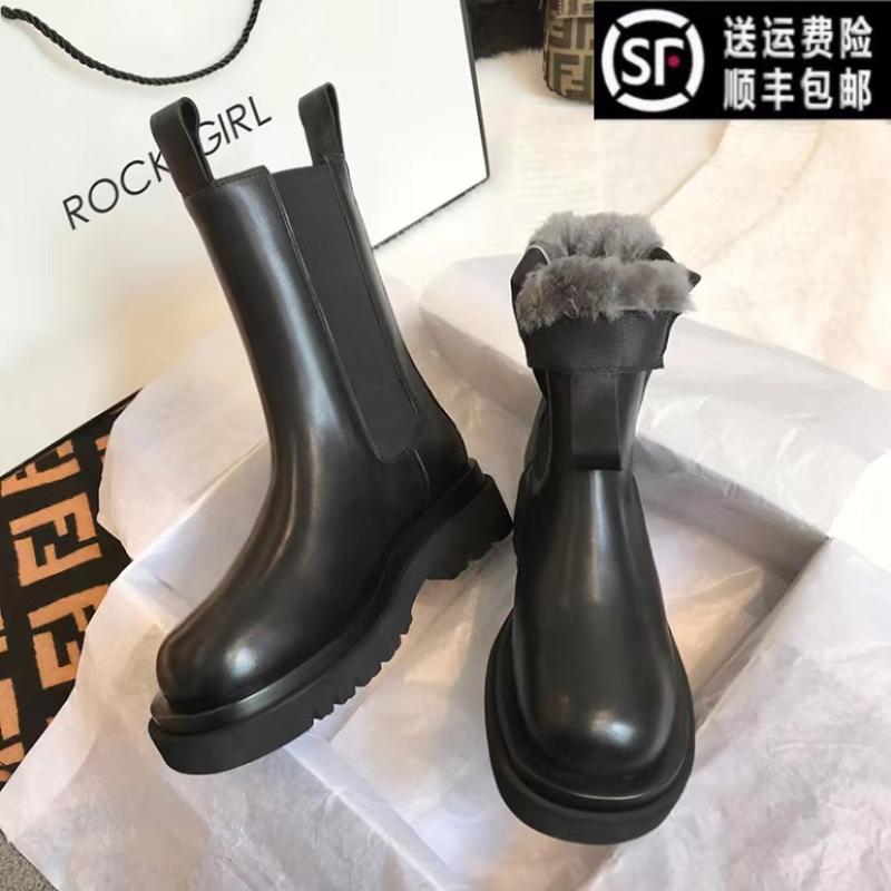 2023全牛皮新款雪地靴女皮毛一体马丁靴加绒中筒靴厚底烟筒靴子