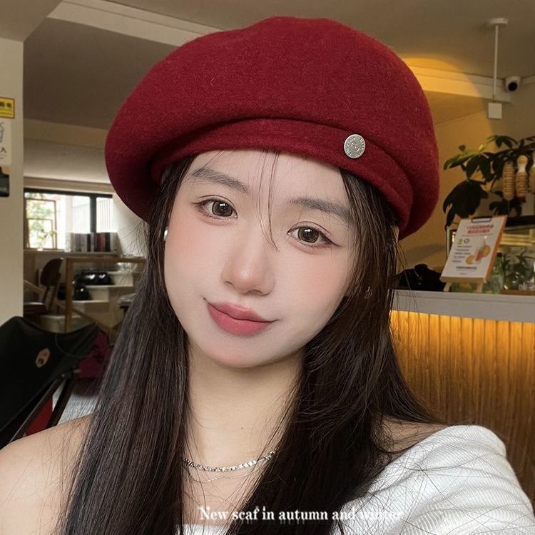 高级感羊毛呢贝雷帽子女秋冬2023新款大头围复古网红画家帽显脸小