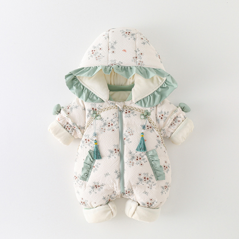 婴儿冬季羽绒连体衣公主女宝宝碎花洋气哈衣新款羽绒服外套冬款