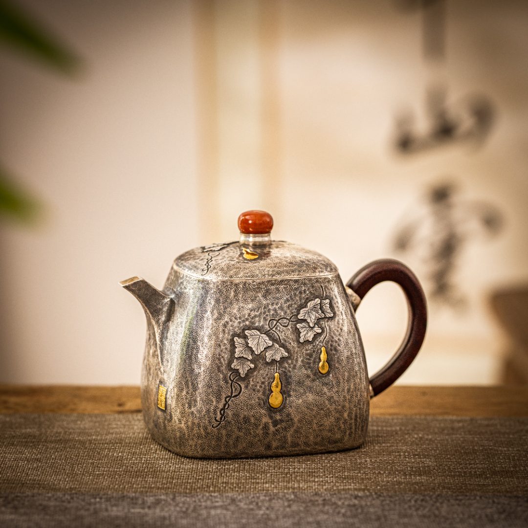 蜂鸟工坊手工艺品纯手工四方嵌金葫芦银壶木把泡茶壶SWA1005