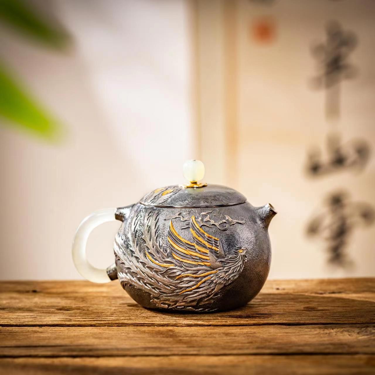 蜂鸟工坊出口系列手工艺品纯手工錾刻凤凰西施壶家用玉把茶壶