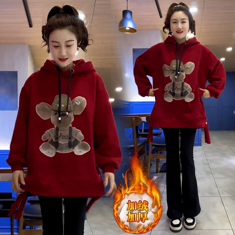 高含棉加绒加厚连帽卫衣女2023年秋冬季新款显高显瘦休闲百搭上衣