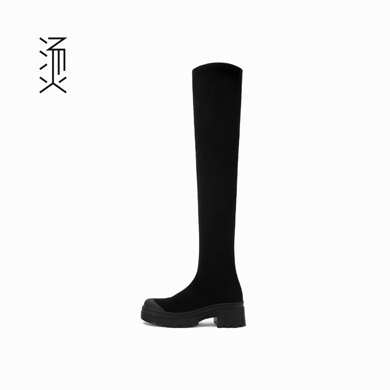 Feeeever/烫 社交女鞋黑色百搭显瘦粗高跟过膝高筒长靴2022年新款
