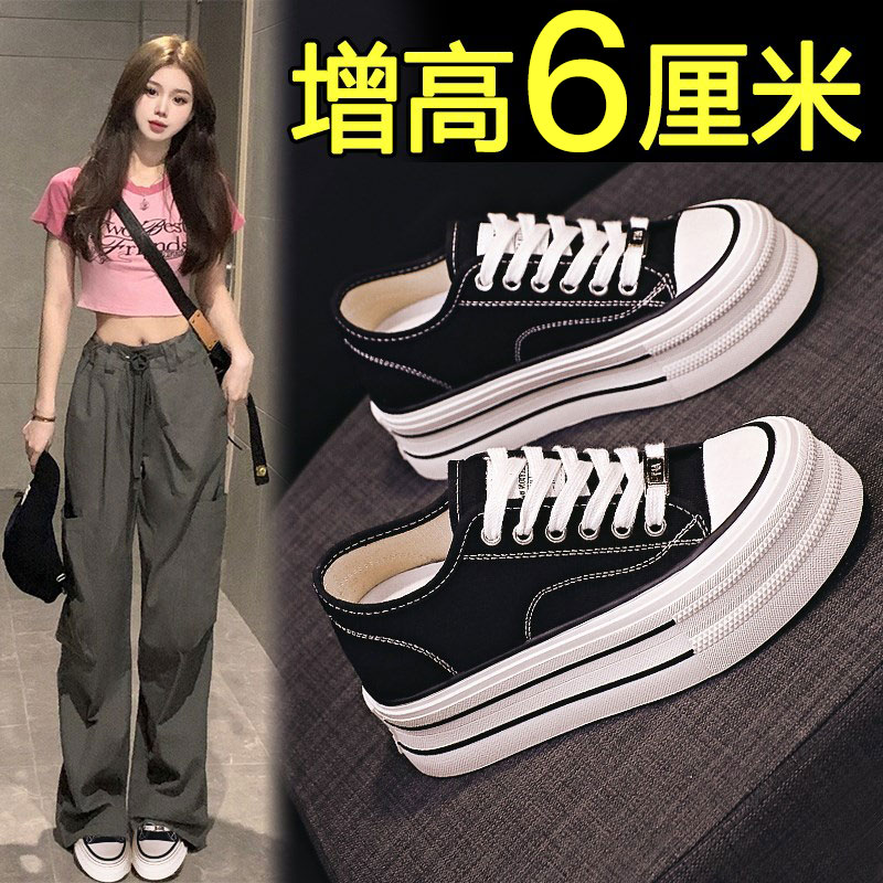 韩国帆布鞋女新款夏季厚底透气韩版松糕鞋休闲小个子内增高女鞋潮