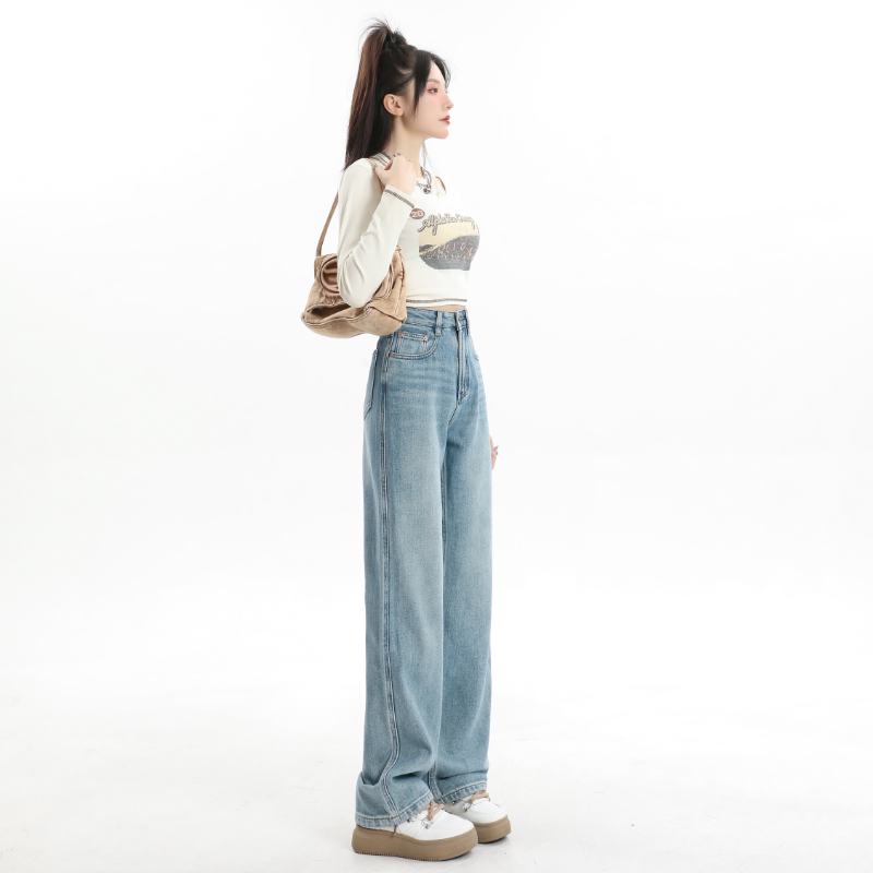 浅蓝牛仔裤女直筒宽松高腰秋冬新款显瘦梨形身材加绒加厚阔腿裤子