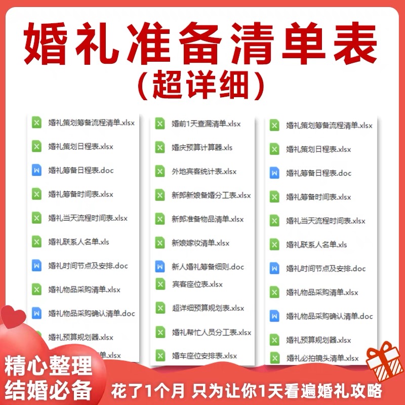 婚礼筹备结婚婚前准备物品采购清单流程准备日程安排表格资料结婚