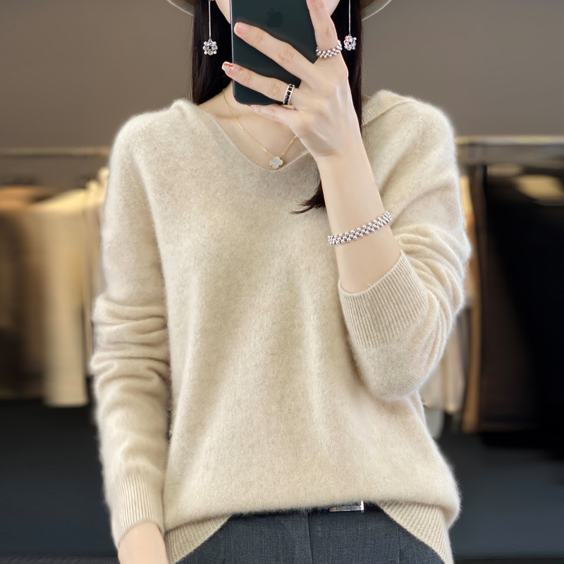 一线成衣无缝连帽卫衣女套头宽松百搭羊毛针织打底衫带帽上衣秋冬