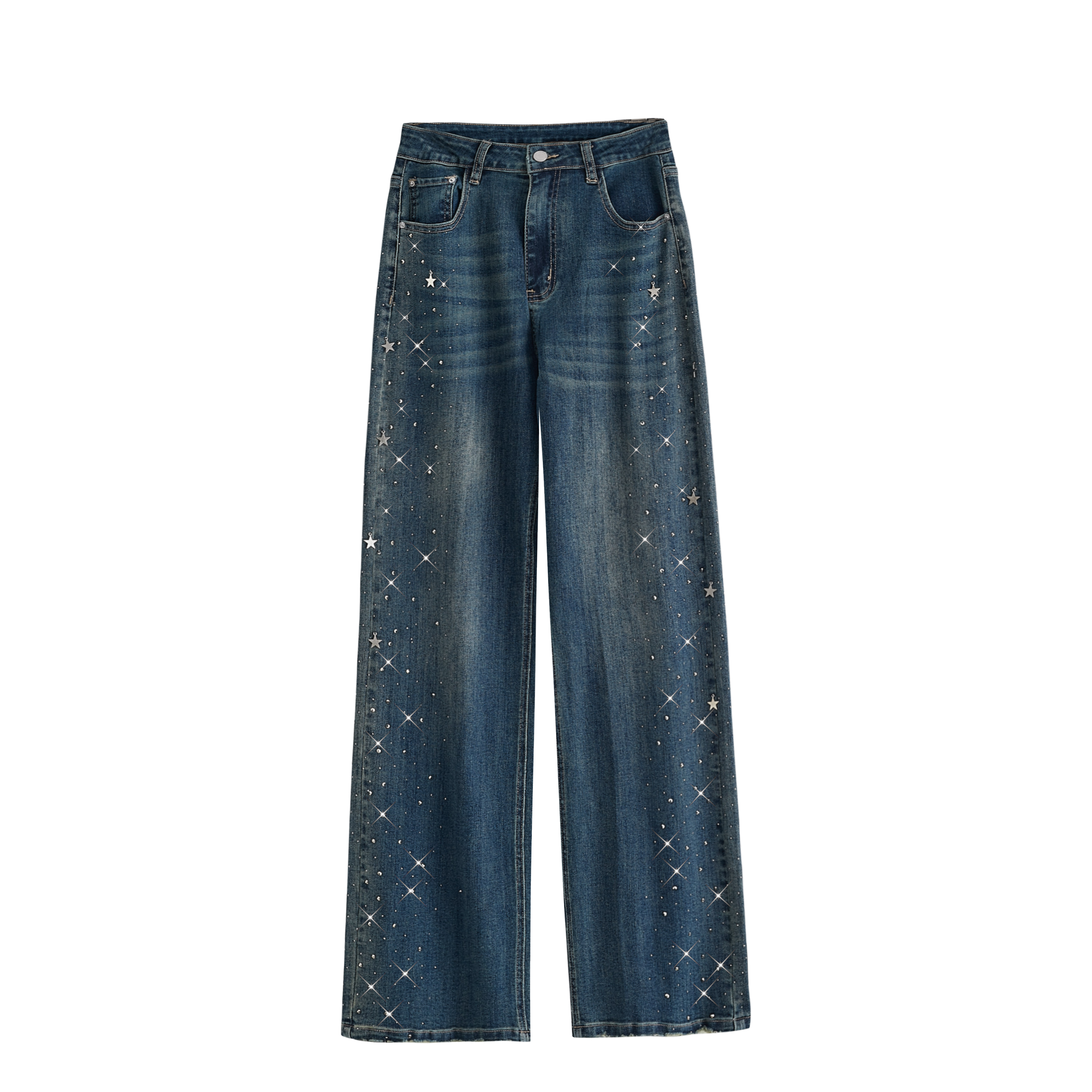 Mchirlay满天星烫钻直筒牛仔裤