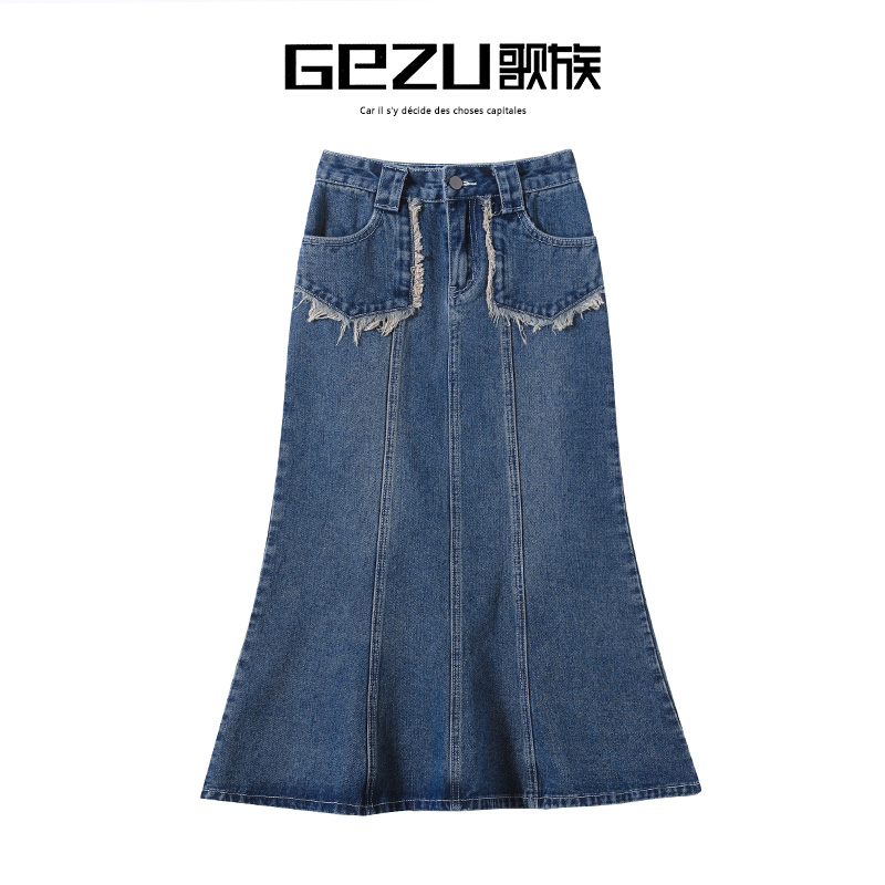 歌族鱼尾牛仔半身裙女2023新款复古高腰宽松显瘦小个子包臀牛仔裙