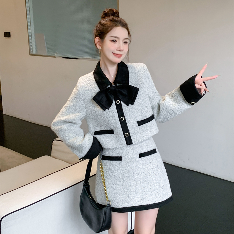新款法式气质软糯蝴蝶结外套高腰显瘦半身裙小香风套装女