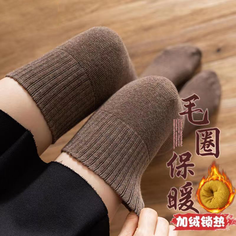 女士加厚保暖过膝袜子毛圈厚袜秋冬韩版女中筒高筒加绒长筒袜A022