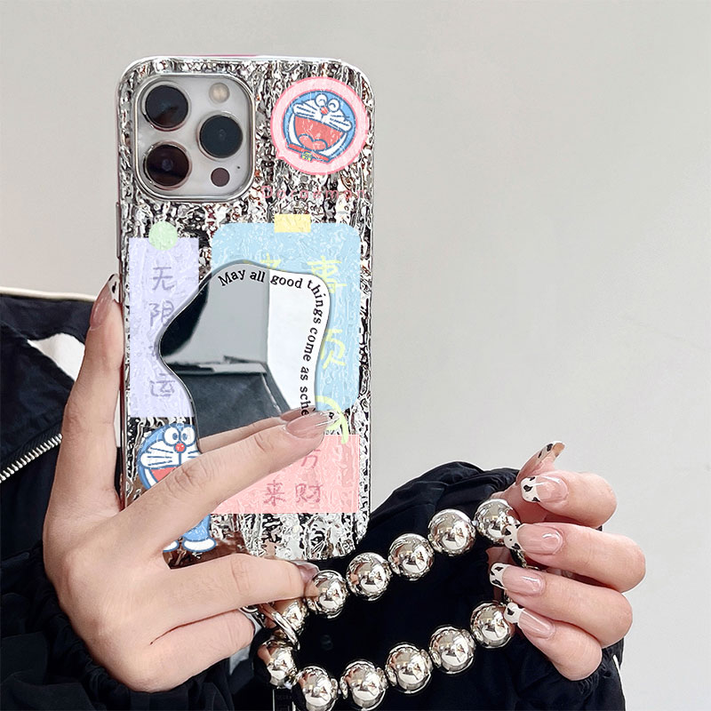 哆啦A梦苹果华为小米oppovivo岩石纹镜面带手链金属质感手机壳女