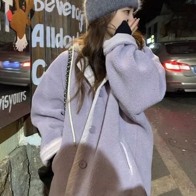 2023秋冬新款加厚紫色小香风绒毛外套女学生宽松显瘦慵懒风上衣