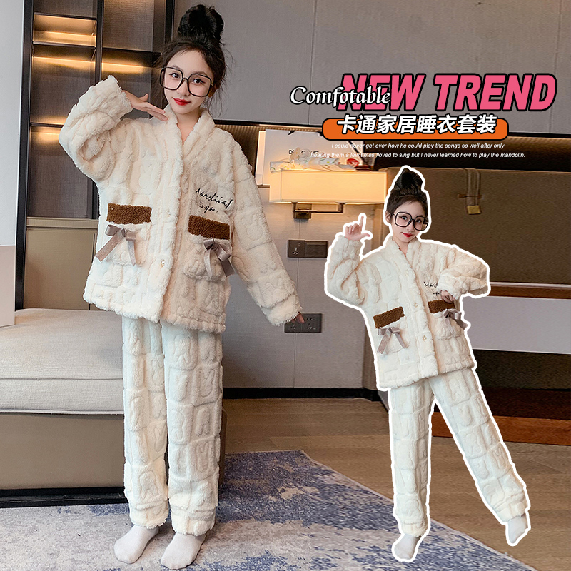 女童2023秋冬新款甜美家居服时尚韩版加厚法兰绒洋气保暖睡衣大童