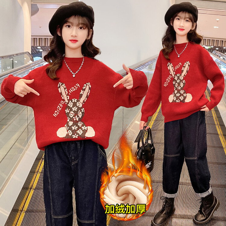 女童毛衣秋冬装2023新款洋气加厚针织衫儿童装冬季套头韩版打底衫