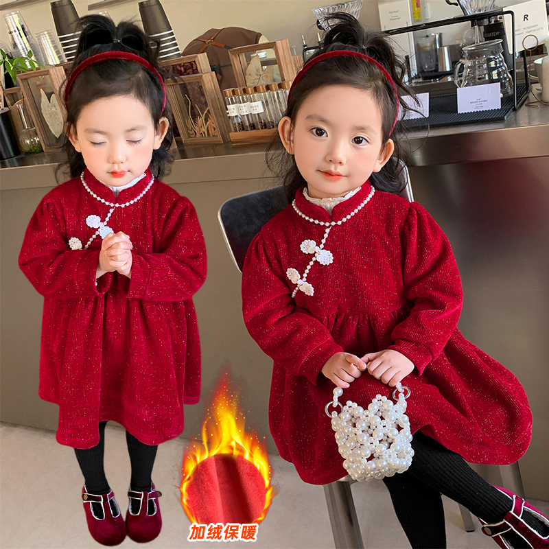 拜年服女童加绒连衣裙中国风冬季加厚裙子周岁女宝宝红色过年衣服