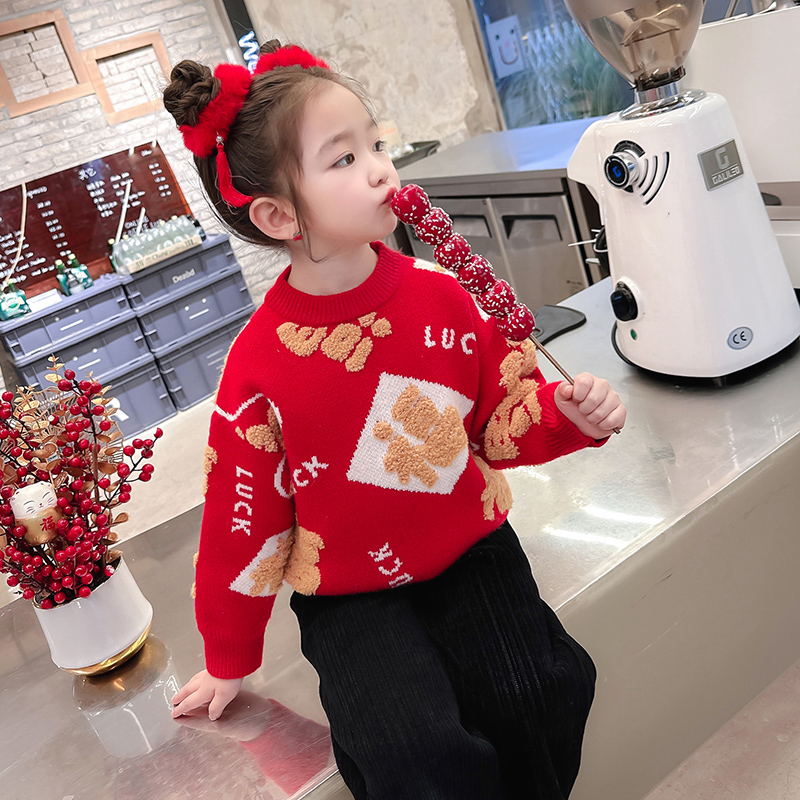 拜年服女童唐装儿童新年毛衣秋冬加厚周岁礼服女宝宝过年喜庆衣服